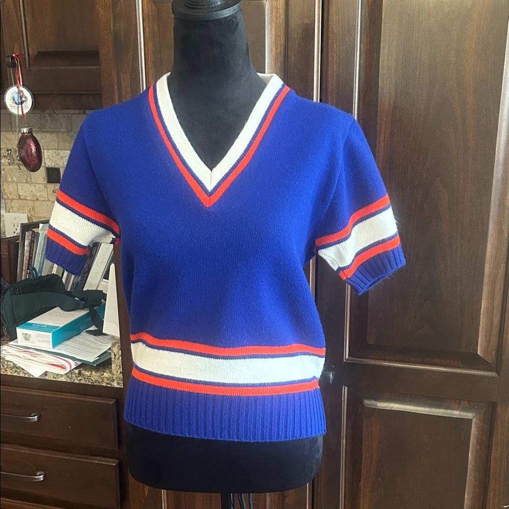 Vintage 1960’s Cheerleader Sweater Blue V-Neck Striped Sweater GVC